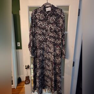 Baacal Black Floral Silk Long-Sleeve Midi Dress with Pink Accents - Size 14/16